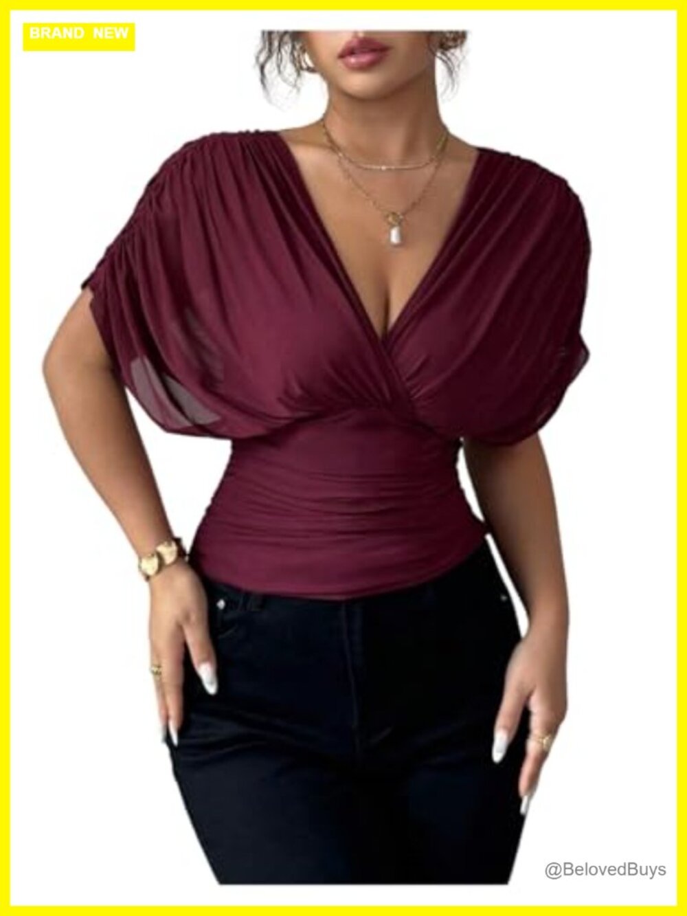 Ruched Mesh Short Sleeve Wrap Cinched Waist T-Shirt